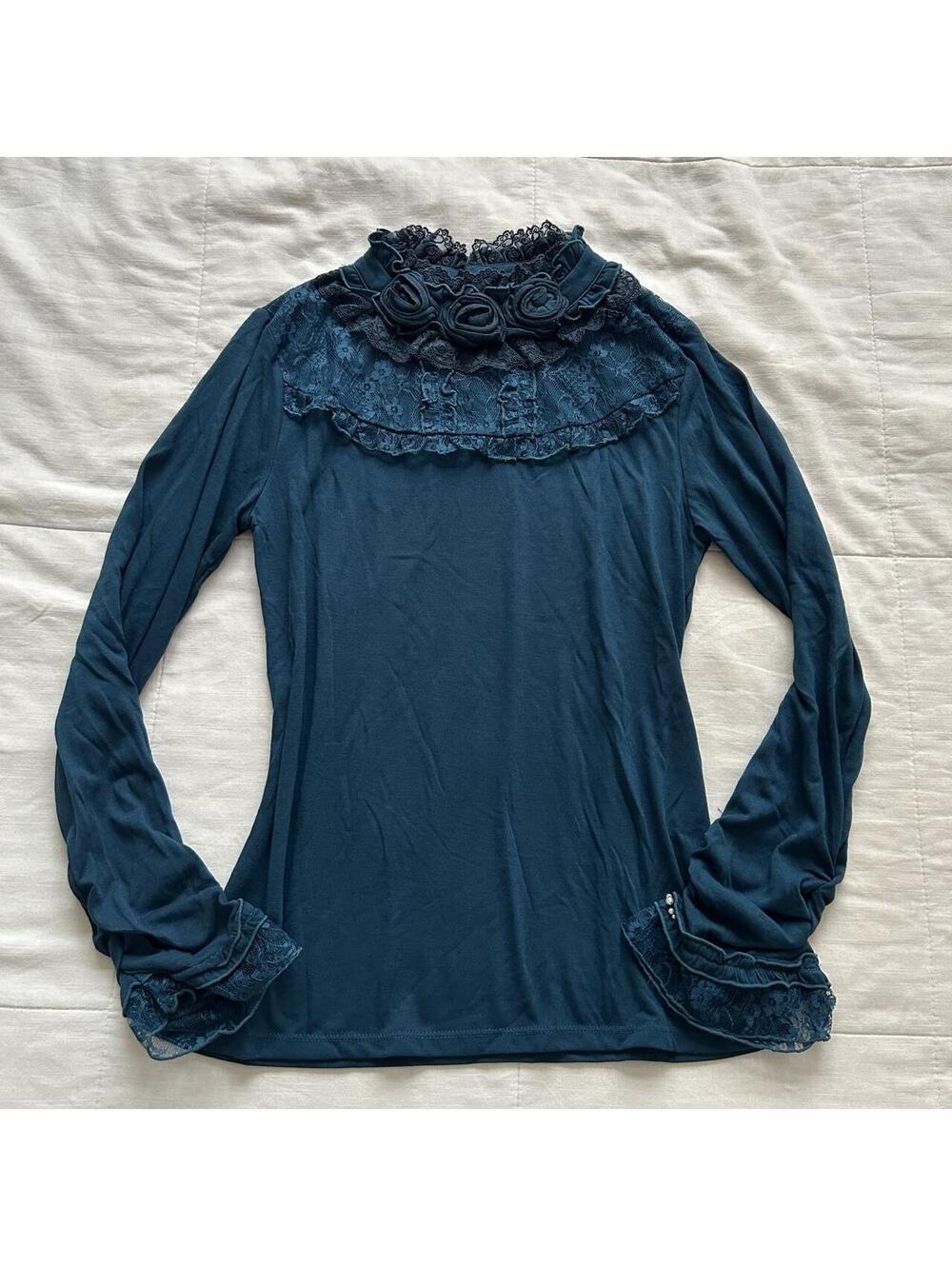 Axes Femme Teal Blue Lace Rosette Pearl Long Sleeve Top Medium Japan